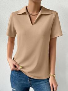 SHEIN ChicEase Camisa Polo casual para mujer de manga corta y unicolor de verano - Marrón - Ver 6