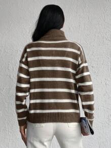 SHEIN Cottnline 女款半拉鍊條紋針織毛衣,高領設計 - 米色 - 查看 2