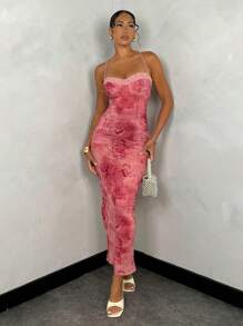 SHEIN BAE Rochie de vară, sexy, cu imprimeu floral, roșu, cu model vintage, din dantelă, pentru femei, slim fit, lungă