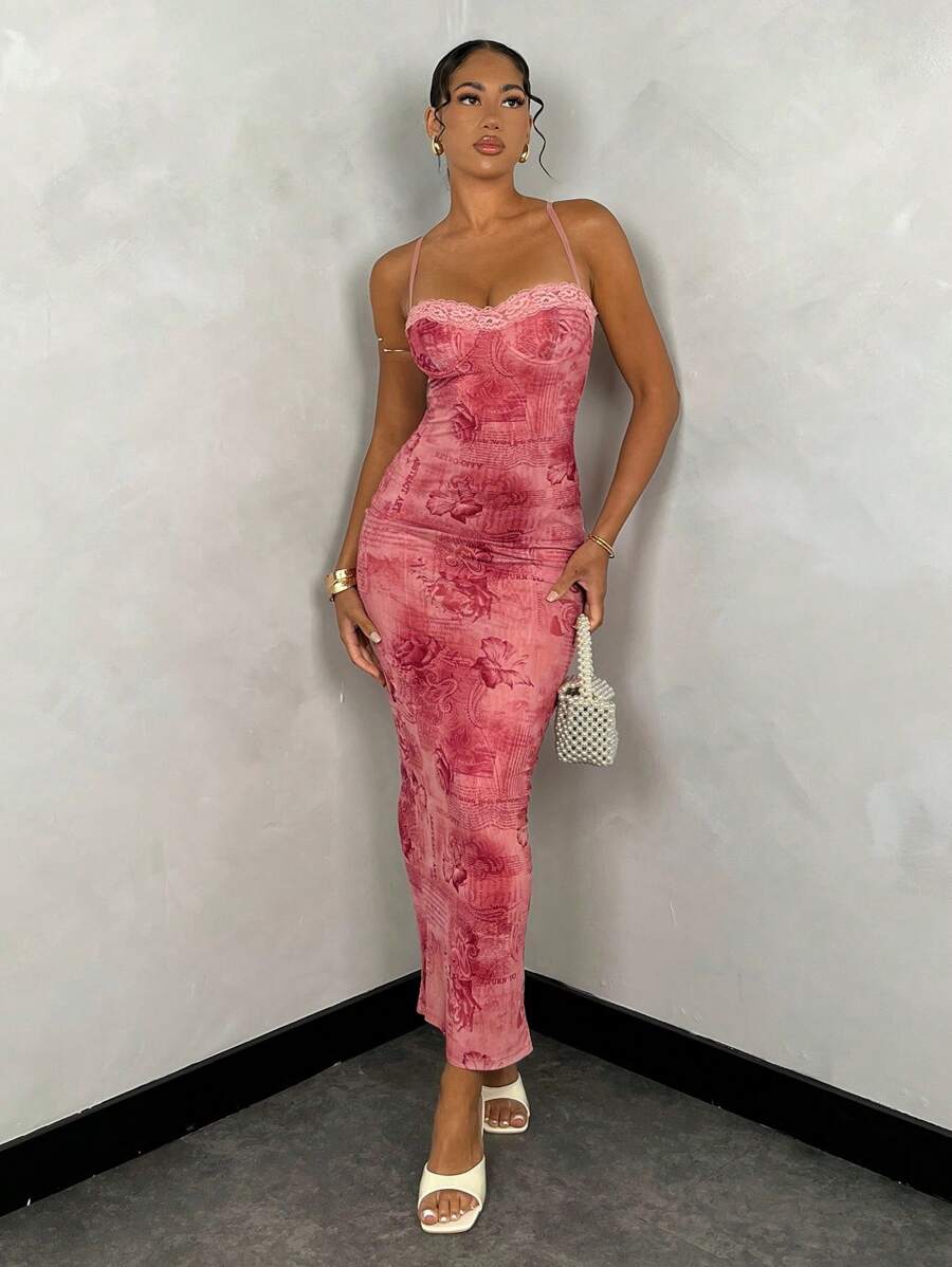 SHEIN BAE 夏季性感花卉印花紅色復古圖案蕾絲女士修身長款坦克裙