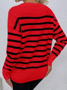 EURMUSE Women's Heart Embroidery Striped Sweater Pullover - Hot Pink - View 2