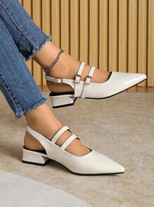 2025 秋季女士尖头低跟粗跟露趾凉鞋，黑色，穆勒玛丽珍款 - 糯米白色 - 查看 6