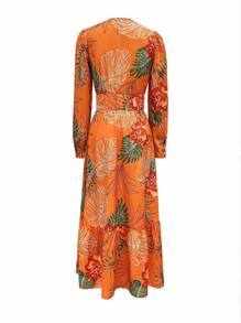 Vestido de vacaciones informal con estampado tropical, mangas de farol y cintura ceñida para mujeres; Camiseta elegante de estilo bohemio con gráfico de festival de música