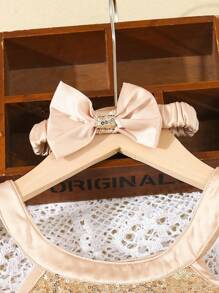 SHEIN Young Girl 2pcs  & Elegant Camisole Top With Pearl Adorned Mesh Hem + Asymmetrical  Tulle Hem Satin Ribbon Butterfly Skirt Set - Apricot - View 3