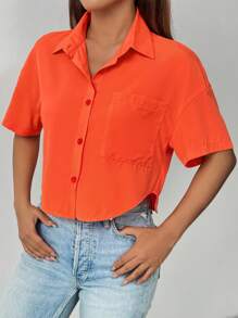 Chiquease Women's Simple Solid Color Short Casual Shirt,Short Sleeve Tops - Burnt Orange - View 3