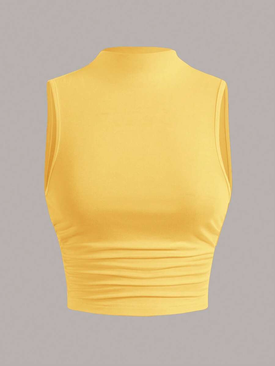 SHEIN EZwear Solid Mock Neck Ruched Tank Top - Pale Yellow - View 1