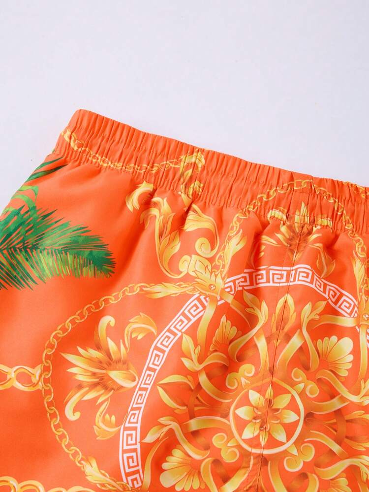 Men's Drawstring Waist Loose Fit Tropical Plant Printed Beach Shorts With Chain Decoration