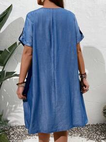 EMERY ROSE Plus Size Solid Color Batwing Sleeve Summer Dress With Pockets For Women For Teacher Clothes - Blue - View 2