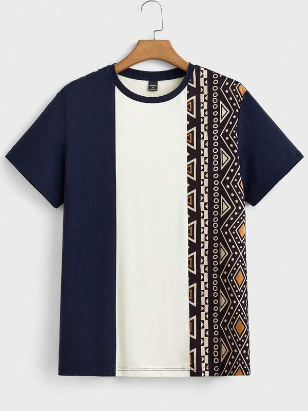 Manfinity VCAY Tricou cu mânecă scurtă din bumbac, tricotat casual, mozaic, pentru bărbați, pentru ieșiri, pentru soț