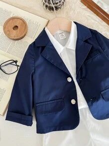 SHEIN Baby Boy Solid Color Short Sleeve Polo Shirt, Shorts, And Jacket Set Suitable For Formal Occasions Such As Weddings, Banquets, 1st Birthday Celebrations