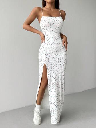 SHEIN EZwear Robe cami longue blanche avec fente haute latérale et motif floral style bouquet champêtre