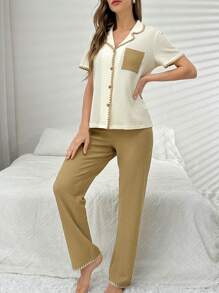 Colorblock Pocketed Open Front Piping Trimmed Collar Women's Pajama Set