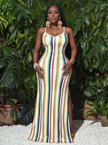 Slaydiva 休闲街头风度假混色条纹印花修身吊带连衣裙（女款）-Z - 彩色 - 查看 8