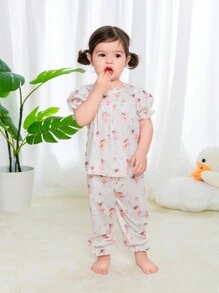 SHEIN Baby Girl Cartoon Patterned Puff Sleeve Top With Elastic Waistband Pants Homewear Set For Spring/Summer - Multicolor - View 5