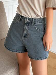 DAZY 纯色阔腿女式牛仔短裤 - 霧霾藍 - 查看 5