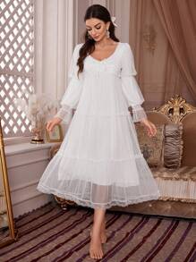 PalaceNights Polka Dot Mesh Lace Trim Pajama Night Dress Long Dress