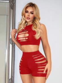 SHEIN SXY 女士性感露肩實色背心短褲套裝-中空設計