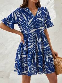 EURMUSE Rochie de vară cu imprimeu peste tot, cu mâneci cu volane - Albastru - Vizualizare 5