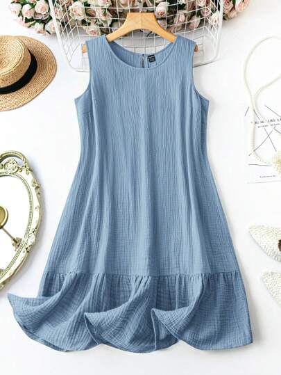 EMERY ROSE 圆领荷叶边无袖连衣裙，加大码