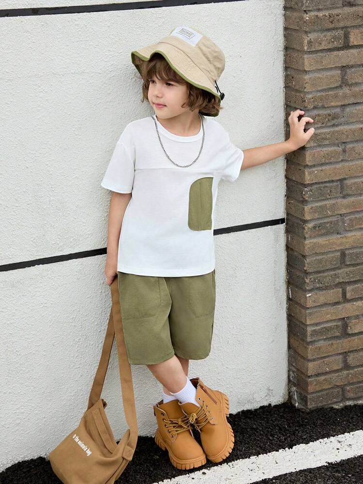 2pcs Boys Casual Comfortable Short Sleeve T-Shirt And Denim Shorts Outfit, Suitable For Outdoor Play, Daily Wear, School And Summer