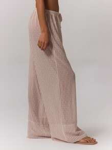 MUSERA 纹理条纹阔腿裤 优雅夏季性感时尚休闲 - 米色 - 查看 4