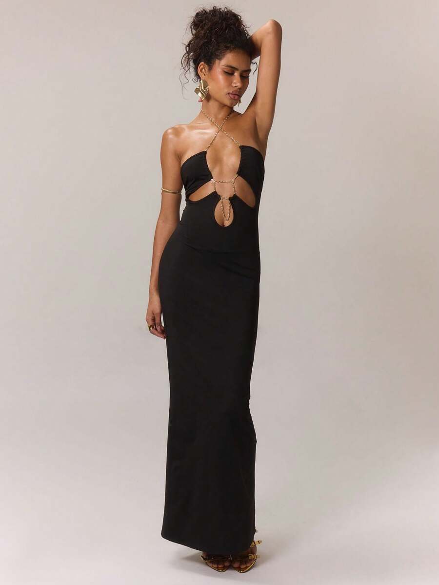 MUSERA 链条装饰长款连衣裙，90年代春季优雅度假伊比沙岛穿搭，假日夜店装扮长裙 - 黑色 - 查看 1