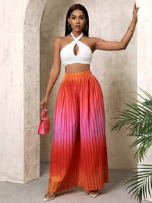 SHEIN Slayr 女士漸層褶皺寬腿褲 - 橘色 - 查看 5