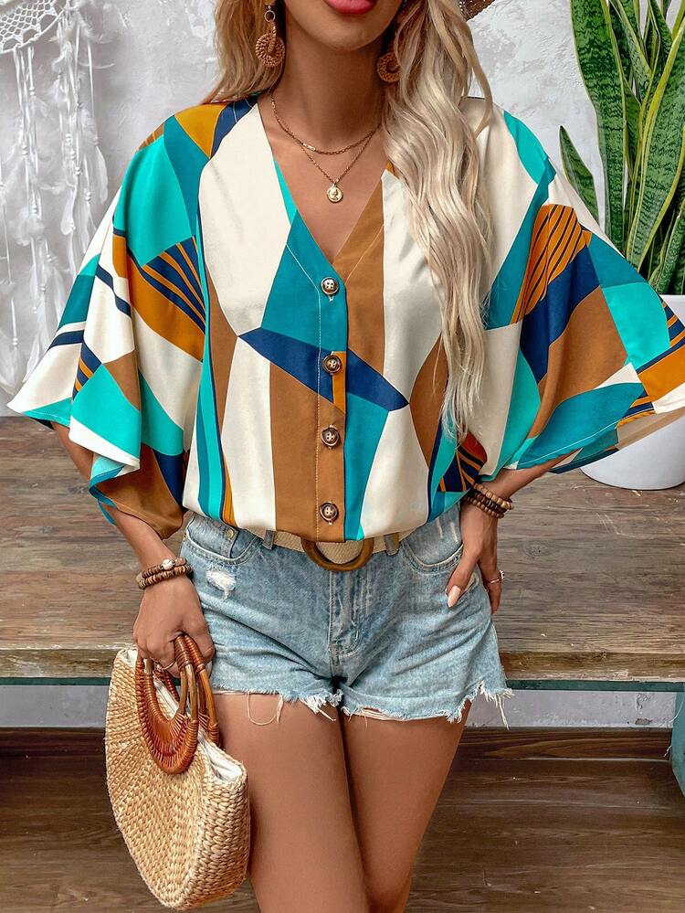 Women's V-Neck Asymmetrical Print Fashionable Rhombus Button Batwing Sleeve Top