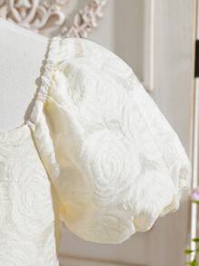 SHEIN Tween女孩心形領泡泡袖花卉洋裝，收緊腰身和不對稱的下擺 - 杏色 - 查看 5