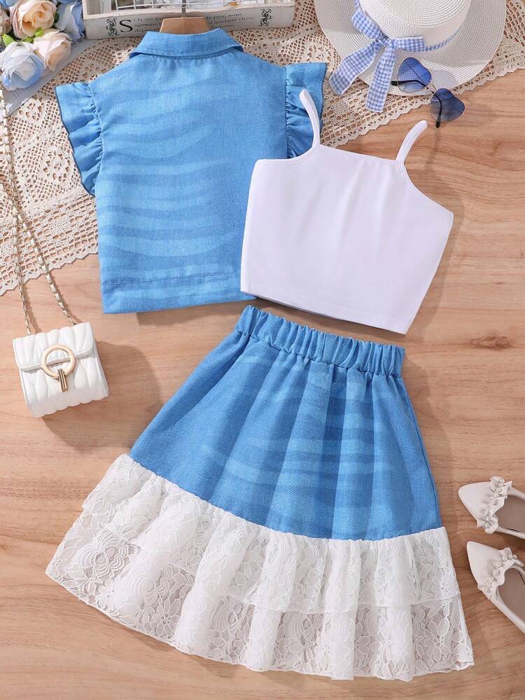 Tween Girl Solid Color Summer Camisole, Single Breasted Sleeveless Vest, Lace Patchwork Skirt Set