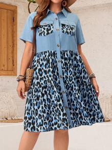 EMERY ROSE Lässig Sommer Urlaub Kleid in Große Größen mit Leopard Muster und vorderen Knöpfen