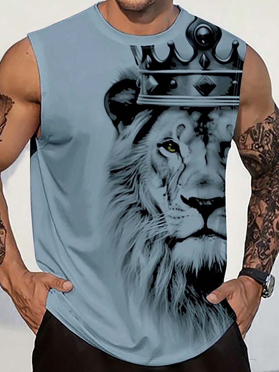Manfinity Roughcore Men Crown & Lion Printed Wide Strap Tank Top For Summer - Blue - View 1