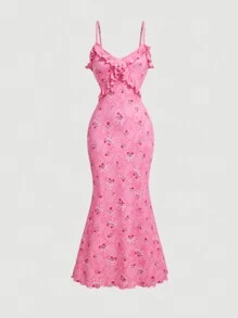 SHEIN MOD Summer Floral Printed Asymmetrical Hem Cami Dress With Frill Trim - Pink - View 1