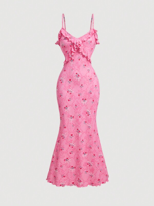 SHEIN MOD Rochie de vară cu tiv asimetric cu imprimeu floral, cu garnitură cu volan