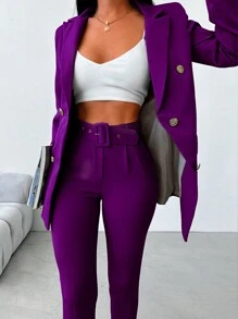 EURMUSE Double Breasted Blazer & Belted Pants - Purple - View 4