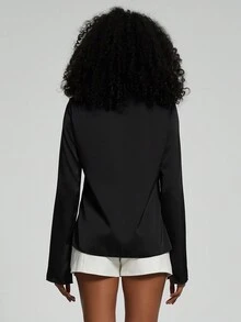 Se-Helo 女士时尚纯色缎面质感系带装饰休闲长袖开衫，四季皆宜黑色春季款 - 黑色 - 查看 3