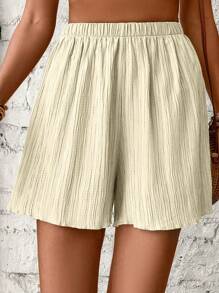 SHEIN VCAY Quần short màu trơn kết cấu giản dị mùa hè - Màu be - Xem 5