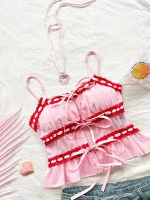 Soleia WYWH Women Pink Mix Red Lace-Up Halterneck Top With Ruffle Hem For Vacation