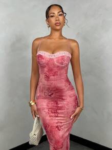 SHEIN BAE Rochie de vară, sexy, cu imprimeu floral, roșu, cu model vintage, din dantelă, pentru femei, slim fit, lungă