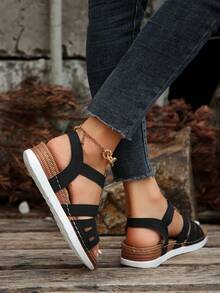 Mùa Hè Mới Đính Kim Cương Nữ Thương Mại Thoải Mái Thời Trang Plus Kích Thước Đế Xuồng Gót Đế Có Dây Co Giãn - màu đen - Xem 7