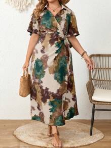 Modelyn Vestido largo de verano con estampado de teñido anudado de talle alto con volantes en las mangas cortas para mujeres de talla grande, vestido de noche largo para mujer