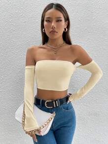 SHEIN PETITE Solid Off Shoulder Crop Off Shoulder Top - Apricot - View 3