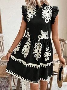 Breezaya 印花荷叶边领喇叭袖宽松蛋糕裙度假海滩装女装 - 黑色 - 查看 3