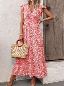 SHEIN LUNE Random Cut Floral V-Neck Cap Sleeve Summer Holiday Style Dress - Red - View 3