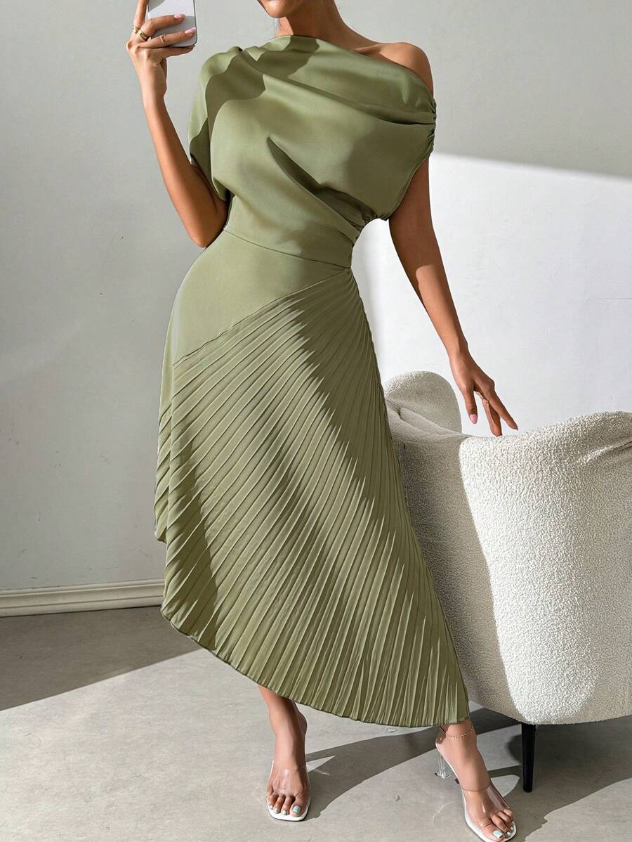 RosyDaze 女士夏季优雅绿色露肩连衣裙，配有褶皱镶片长款缎面女士服装