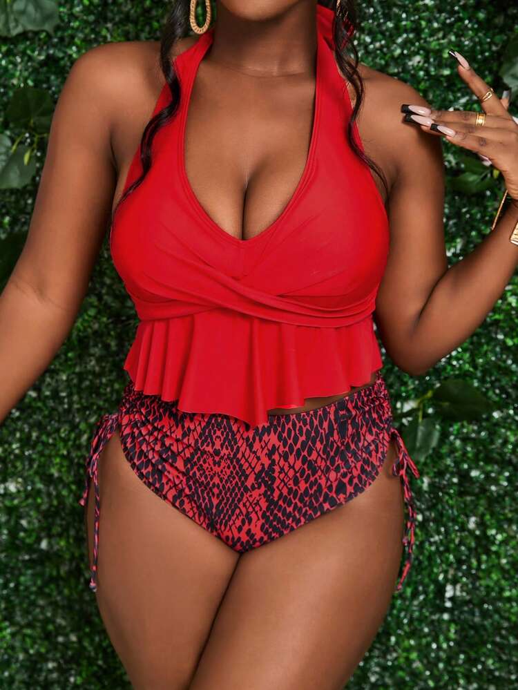 Summer Beach Solid Color Halter Top And Snake Pattern Triangular Bottom Tankini Set