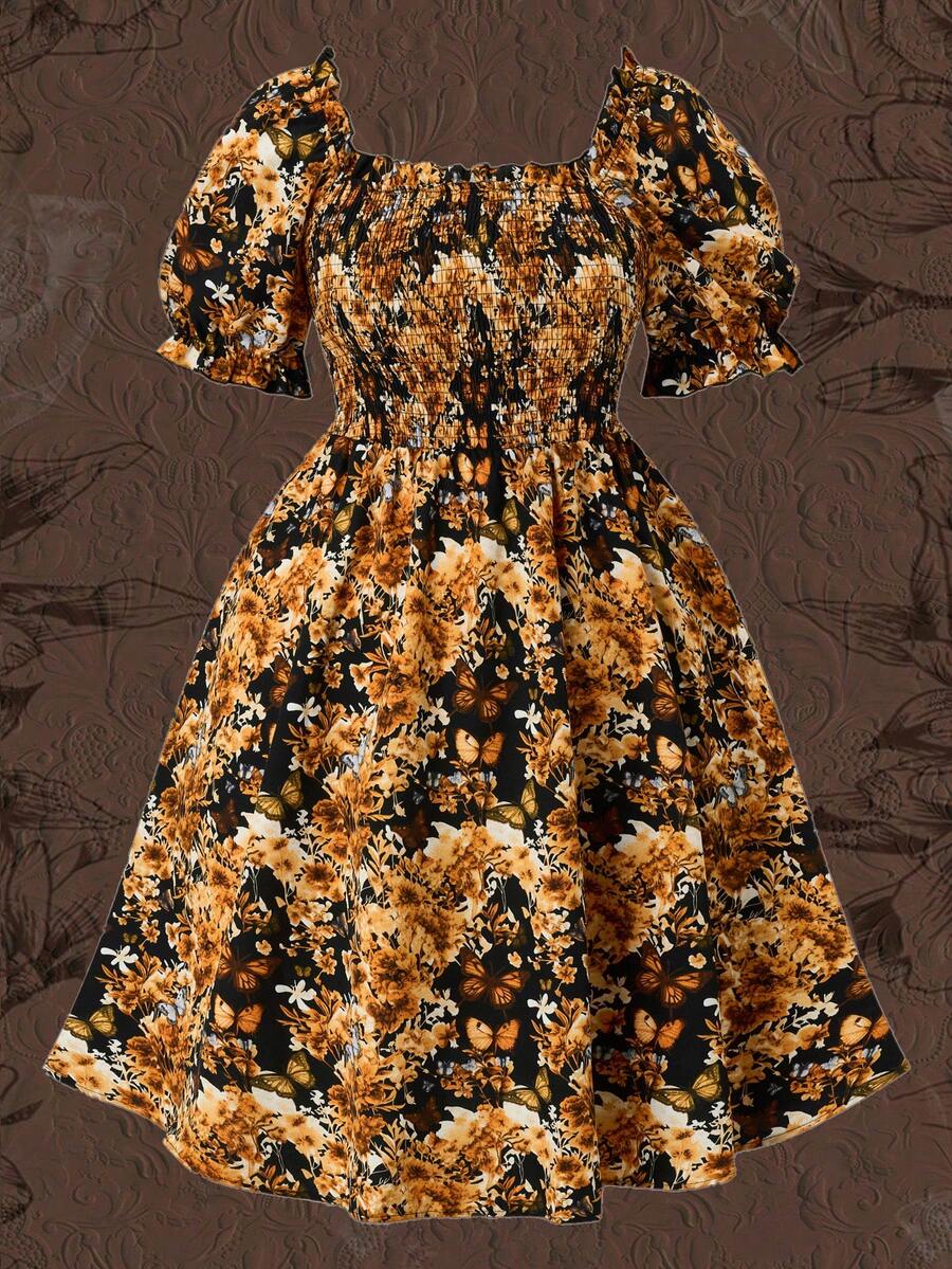 SHEIN Holidaya Plus Size Floral Print Puff Sleeve Resort Style Summer Dress - Multicolor - View 1