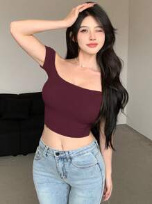 Dazy Designer Women's Green Off-Shoulder Bodycon T-Shirt Summer,Crop Tops Women,Off Shoulder Top - Burgundy - View 2