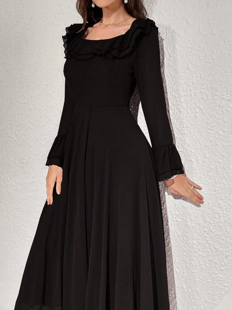 Modelyn Women's Solid Color Long Sleeve Ruffle Hem Elegant Summer Dress Maxi Women Outfit Long Evening Dresses Fall Cloth For Women - Black - View 7