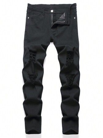 男士純色拉鍊閉合牛仔褲，配有口袋和破舊設計，休閒長褲
